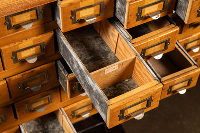 MCM Oak Card Catalog on Antique Cast Iron Base