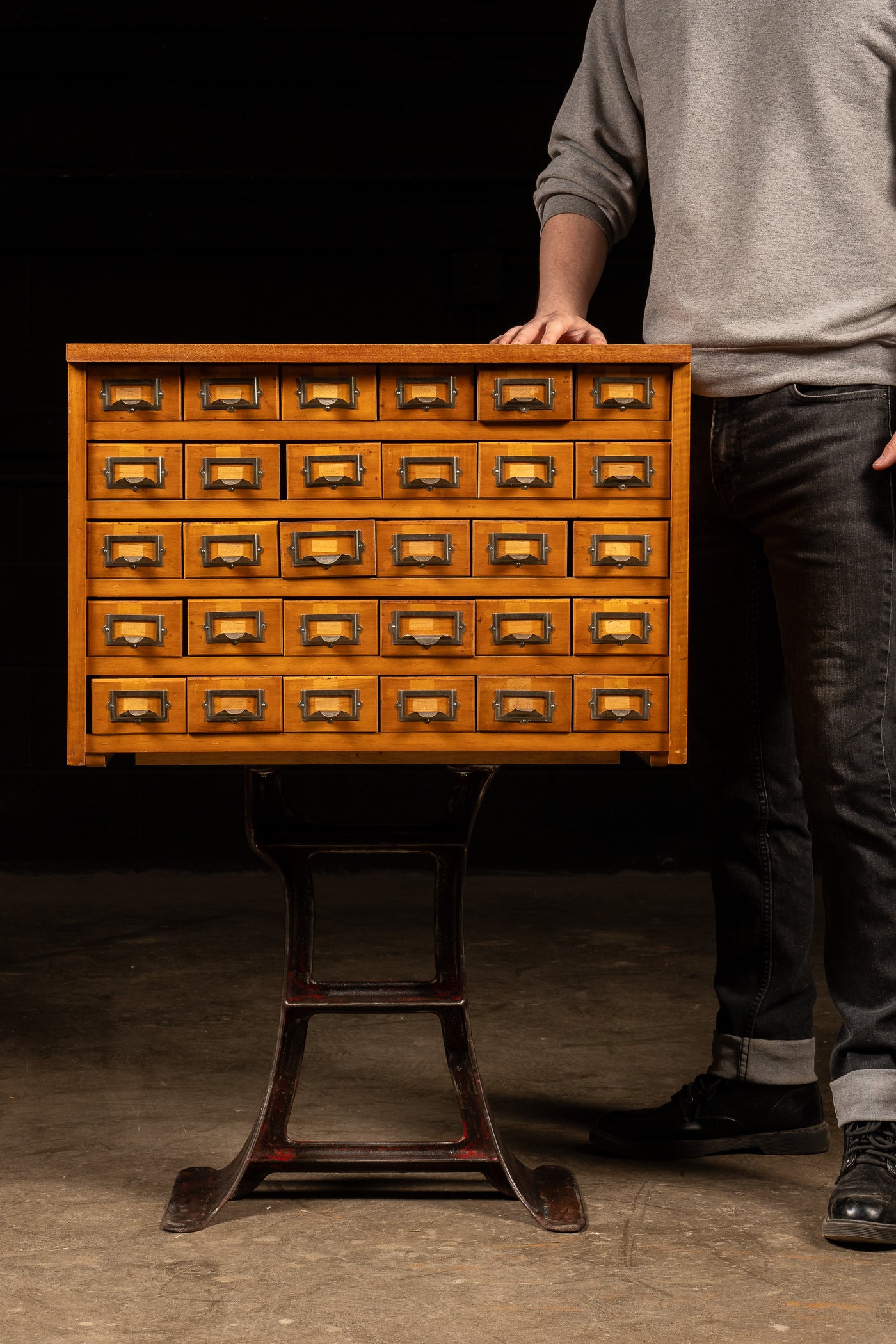 MCM Oak Card Catalog on Antique Cast Iron Base