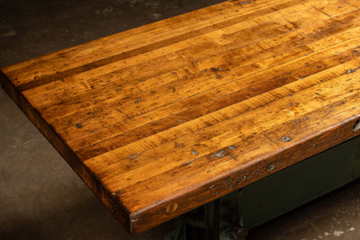 Butcher Block Table With Antique Green Crank Base