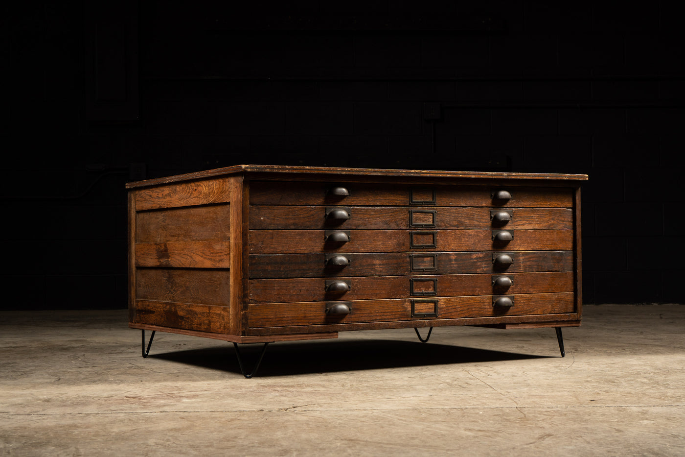 Antique 6 Drawer Wooden Flat File with Hairpin Legs