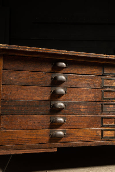 Antique 6 Drawer Wooden Flat File with Hairpin Legs