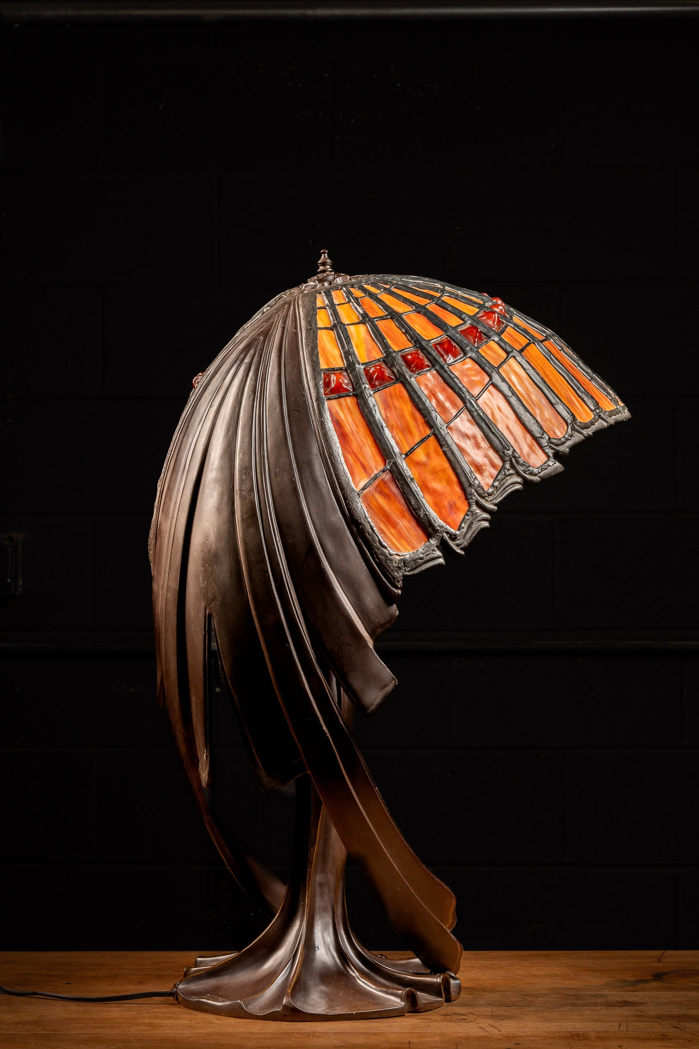 Three-Light Bronze Slag Glass Art Noveau Lamp