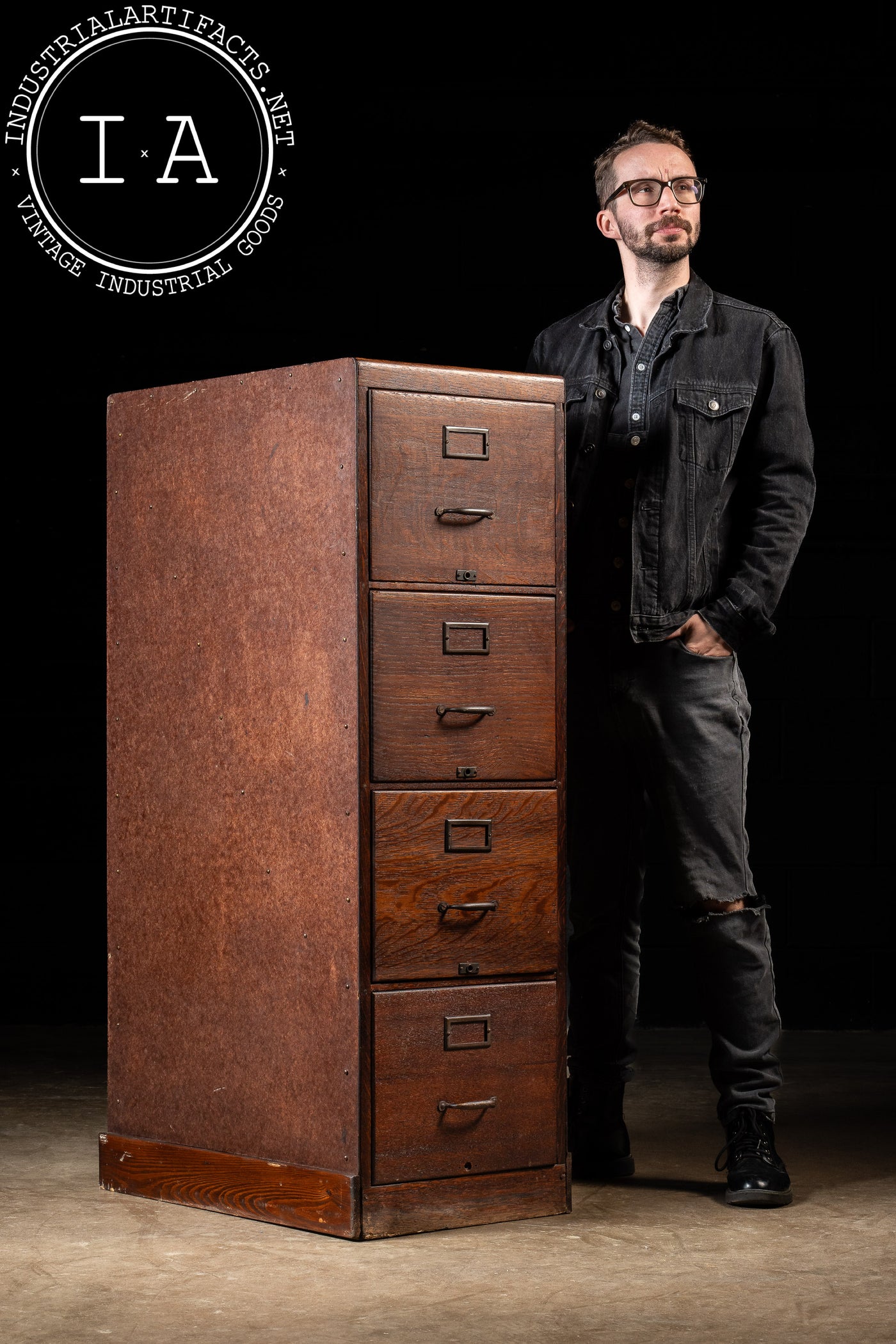 Antique Oak Filing Cabinet with Japanned Hardware