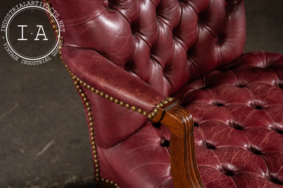Pair of Tufted Leather Round-Back Dining Chairs in Burgundy