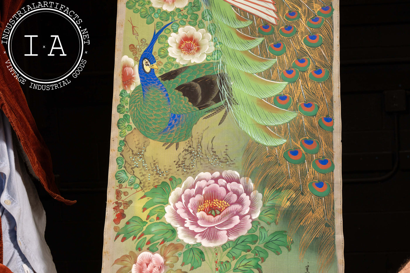 Peacocks and Peonies Kakejiku Hanging Silkscreen Scroll Painting