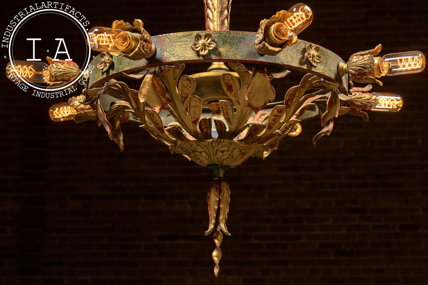 Mediterranean Revival Wrought Iron and Tole Circular Chandelier