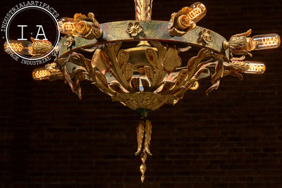 Mediterranean Revival Wrought Iron and Tole Circular Chandelier