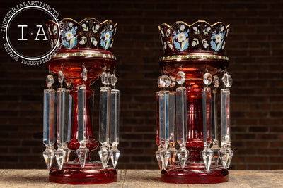 Pair of 19th Century Bohemian Ruby Glass Mantle Lusters with Prisms