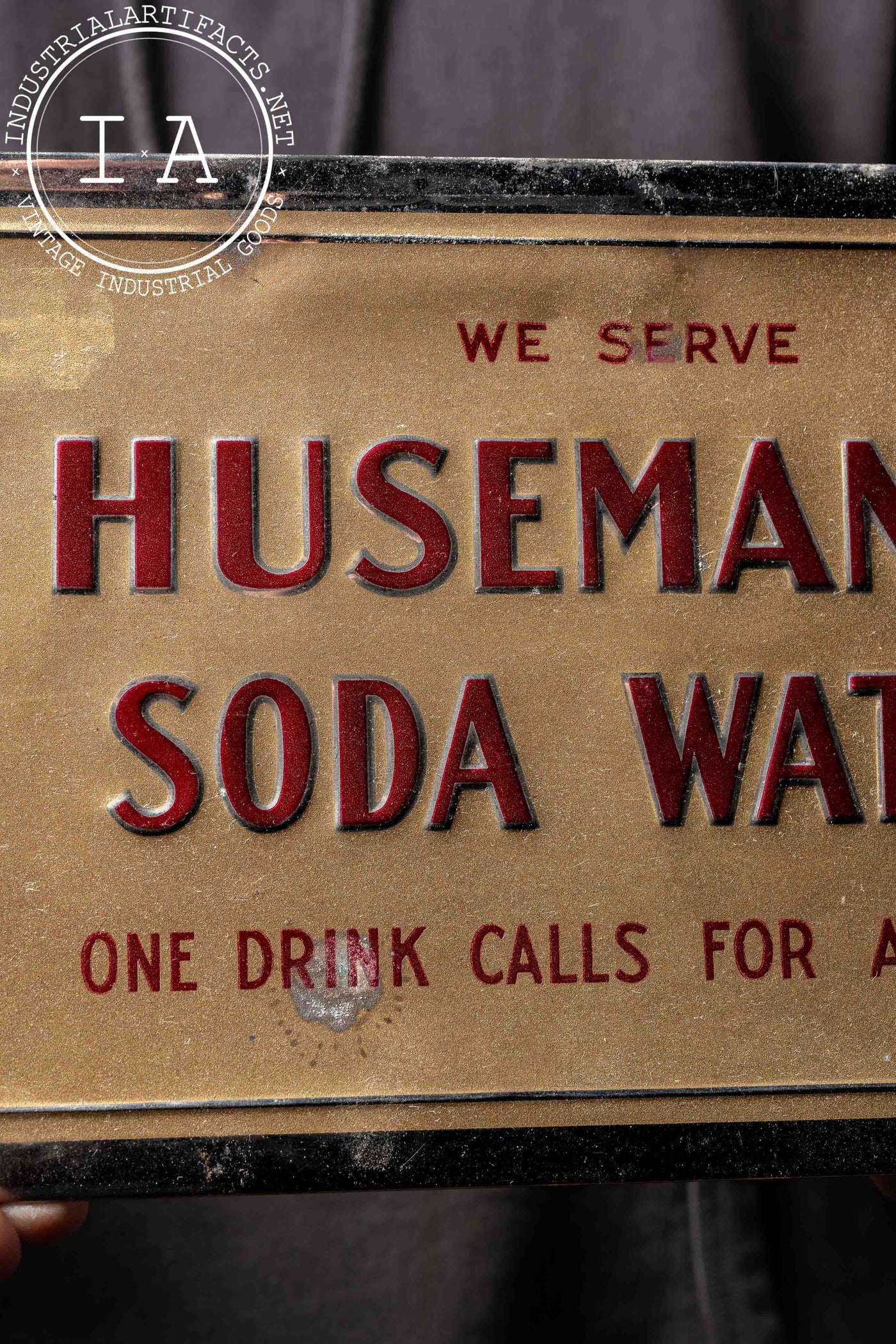 Vintage Husemanns Soda Water Tin over Cardboard Sign