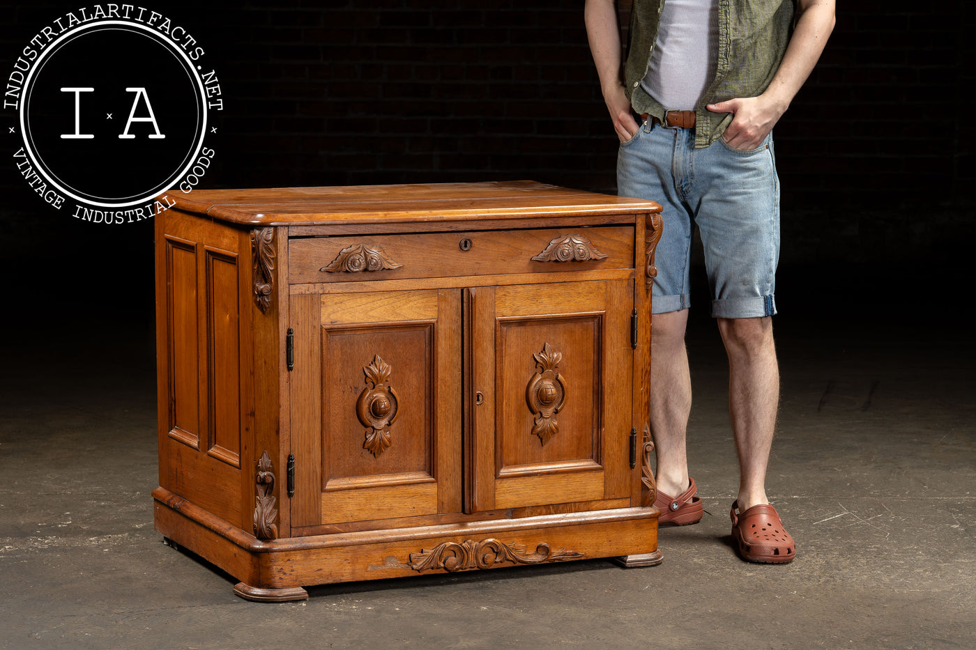 Antique Carved Wooden Lowboy Storage Cabinet