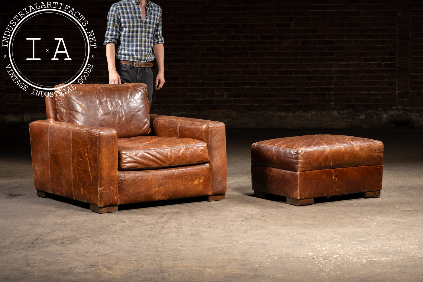 Full Grain Leather Leather Club Chair and Ottoman in Brown by RH