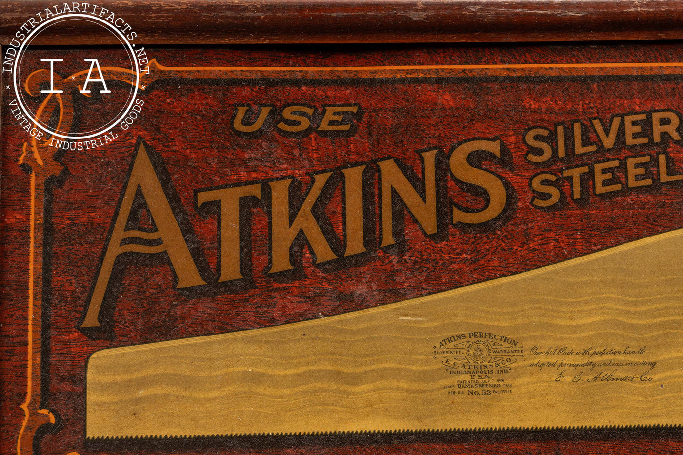 Early 20th Century Framed Atkins Silver Steel Saws Painted Tin Sign