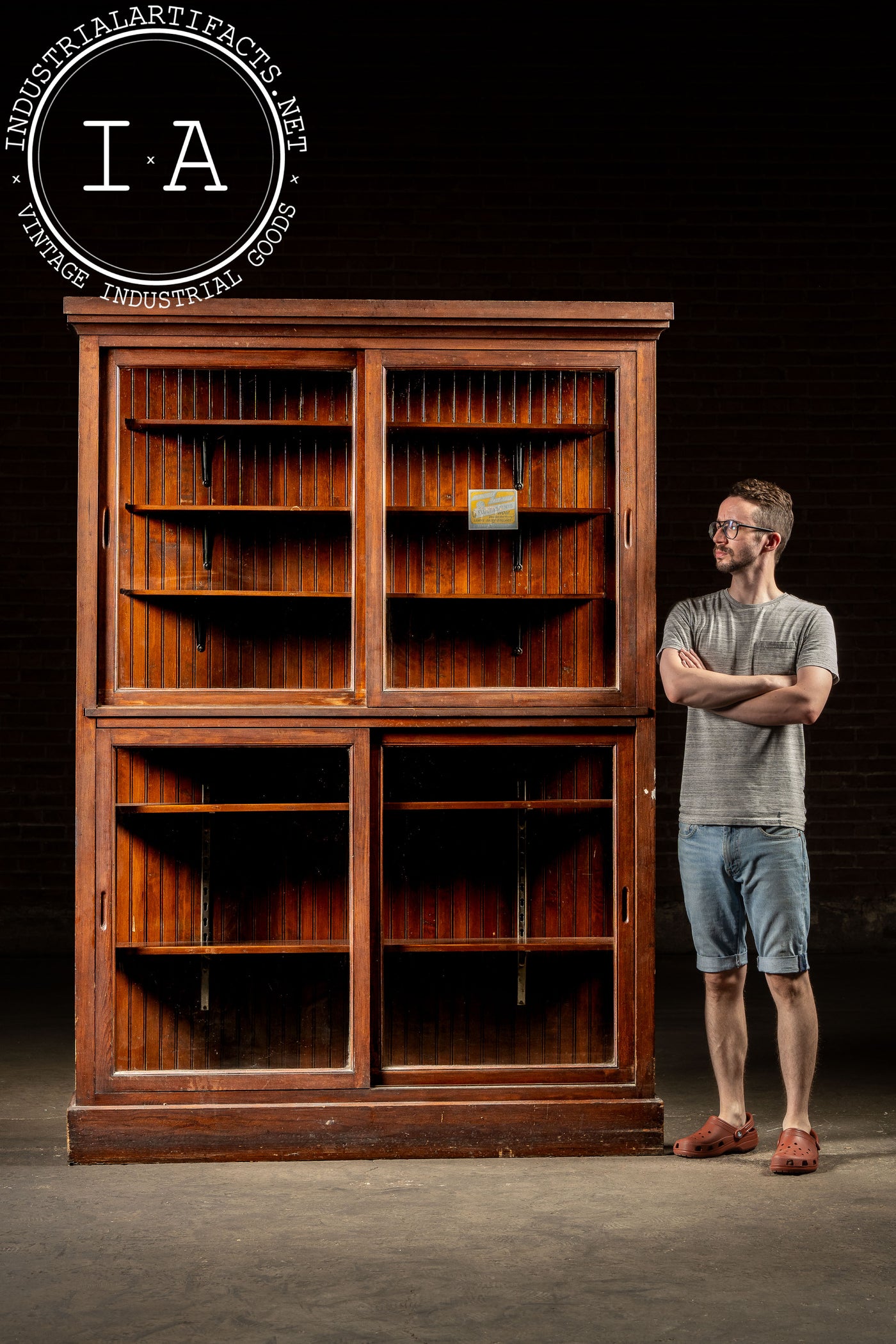 Antique Quarter Sawn Oak Merchandising Showcase Cabinet with Sliding Glass Doors