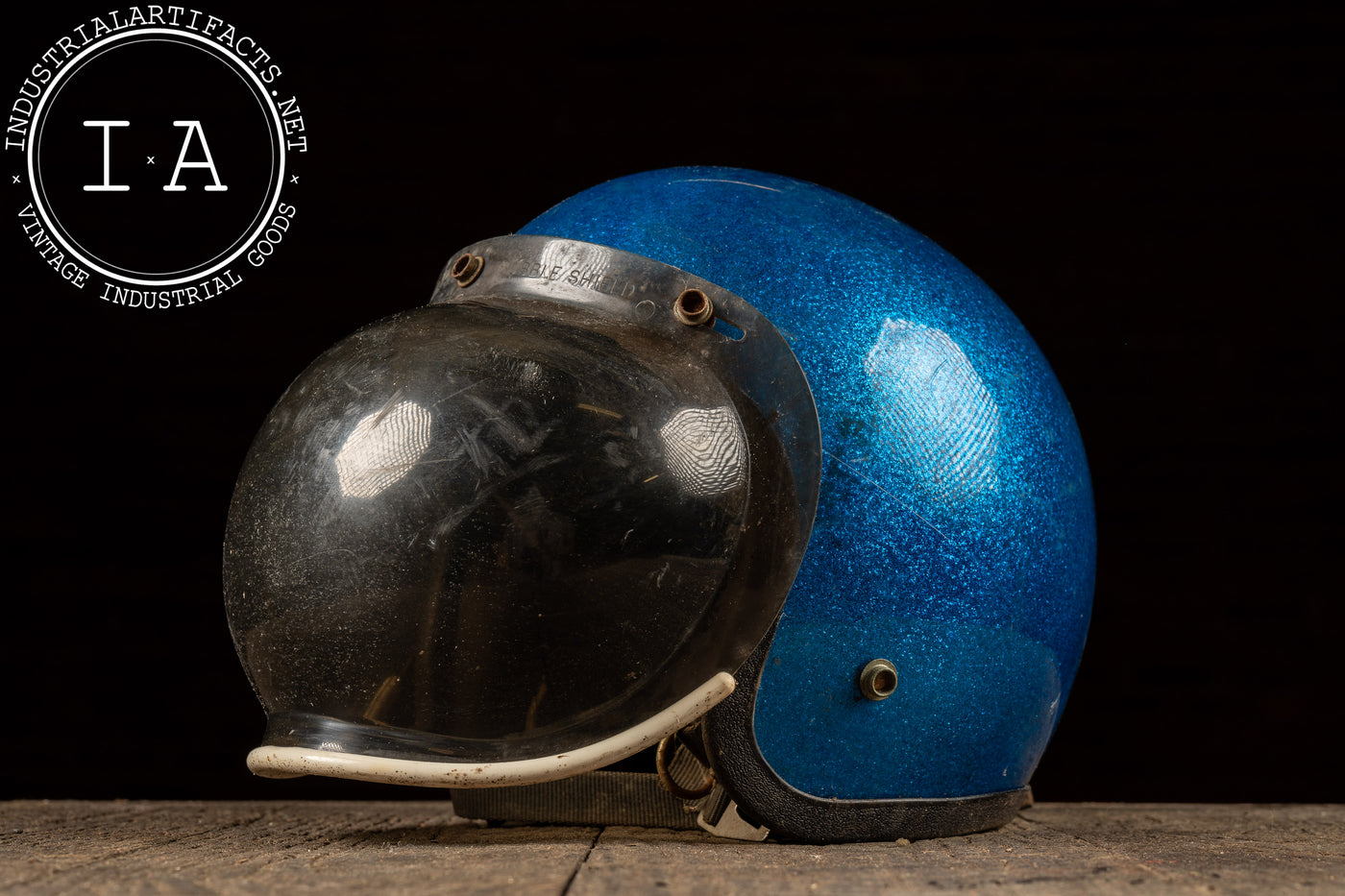 Vintage Motorcycle Helmet with Snap-On Bubble Shield in Metallic Blue