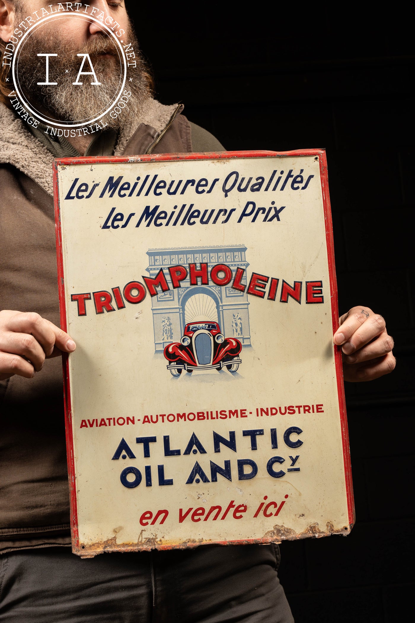 Vintage French Atlantic Oil Embossed Tin Sign