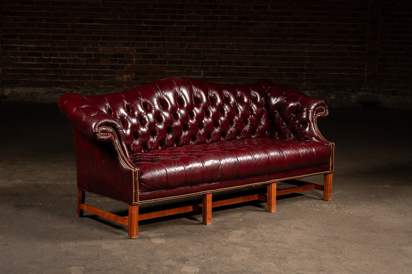 Vintage Chippendale-Style Camelback Chesterfield Leather Sofa in Oxblood