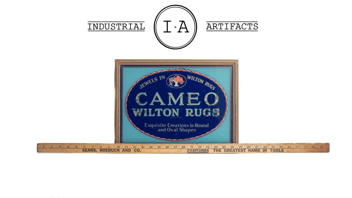 Early 1900s Cameo Wilton Rugs Glass Sign