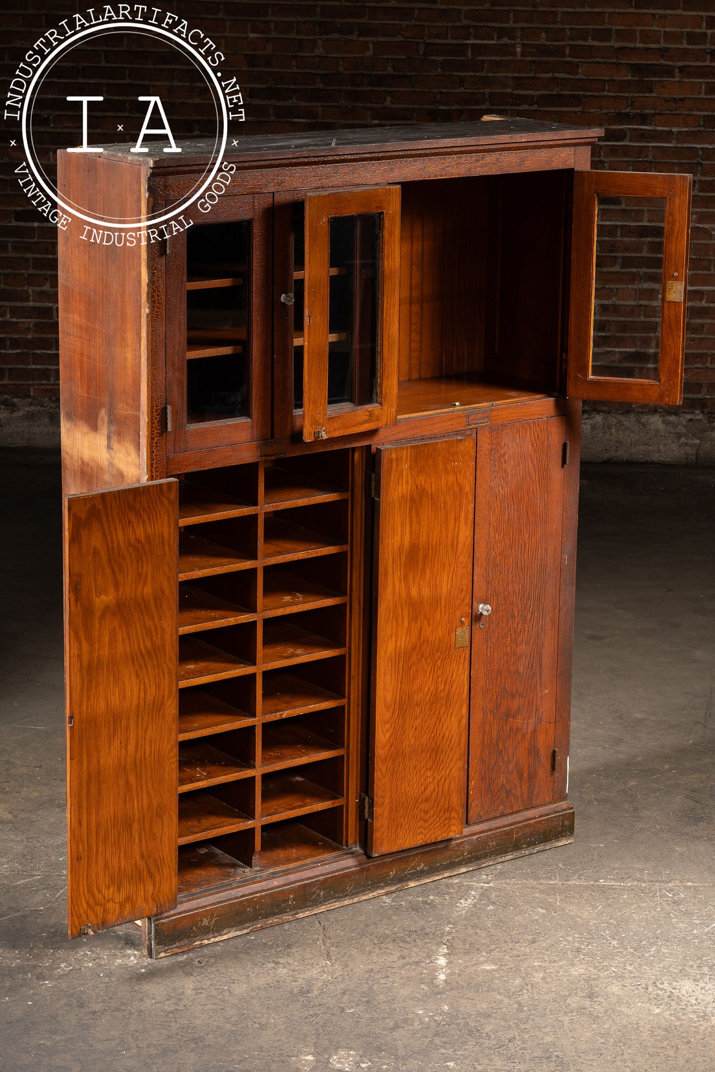 Antique Massive Oak Cabinet with Glass Doors and Interior Cubbies