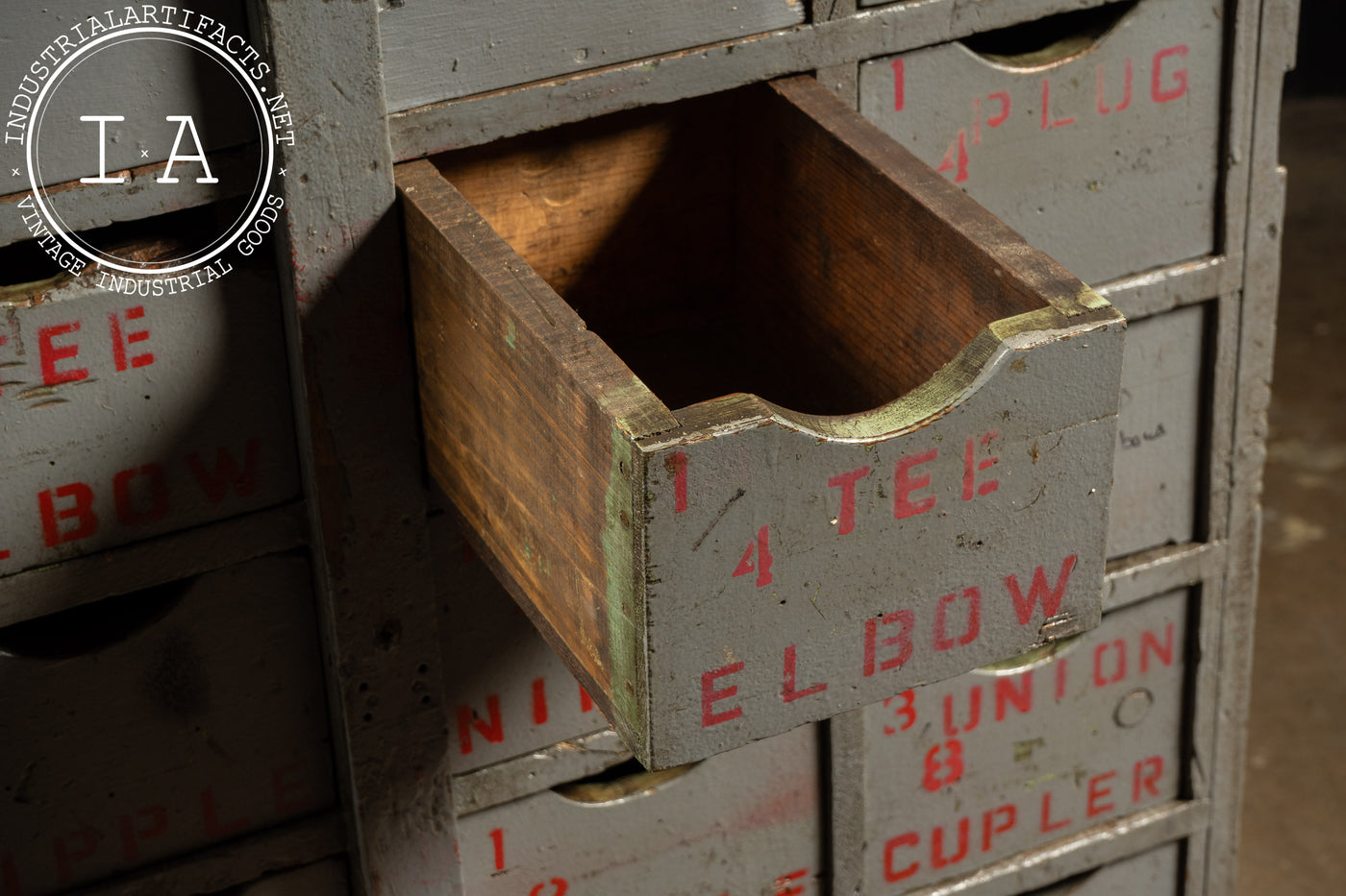 Antique Industrial Hardware Cabinet In Grey