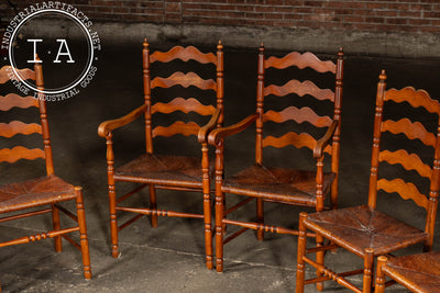 Set Of Seven Mid-Century French Country Ladder Back Chairs with Rush Seats
