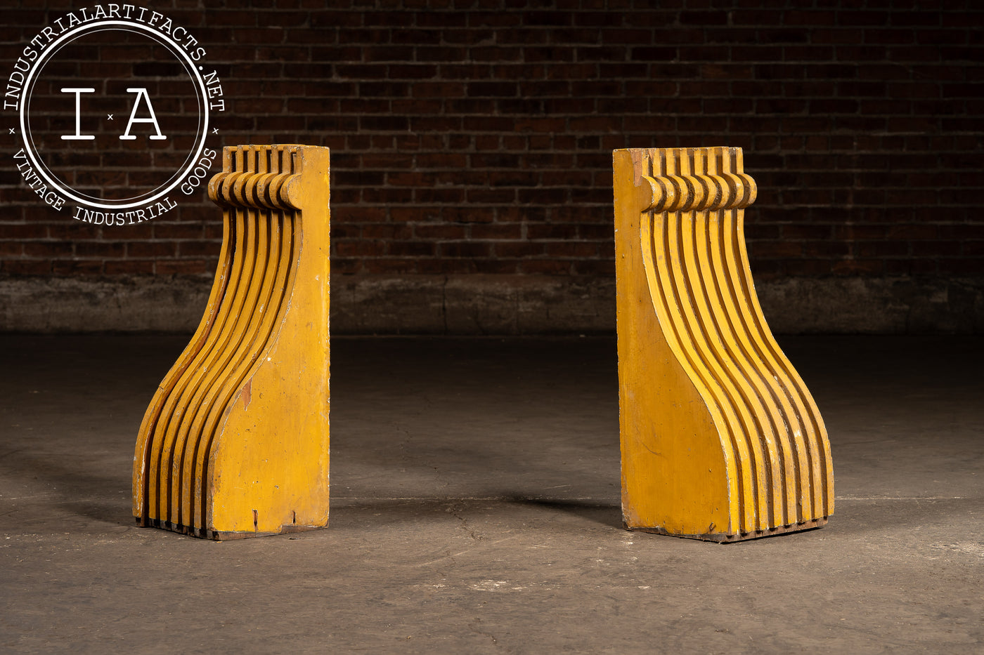 Set Of Two c. 1910 Craftsman Wooden Corbels In Mustard Yellow