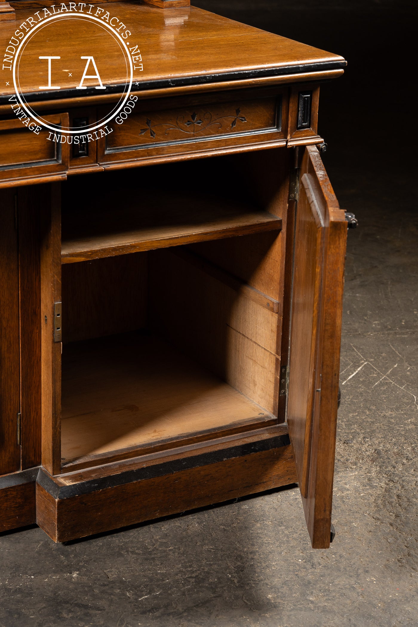 Victorian Gothic Revival Oak Sideboard Hutch with Leaded Glass Doors