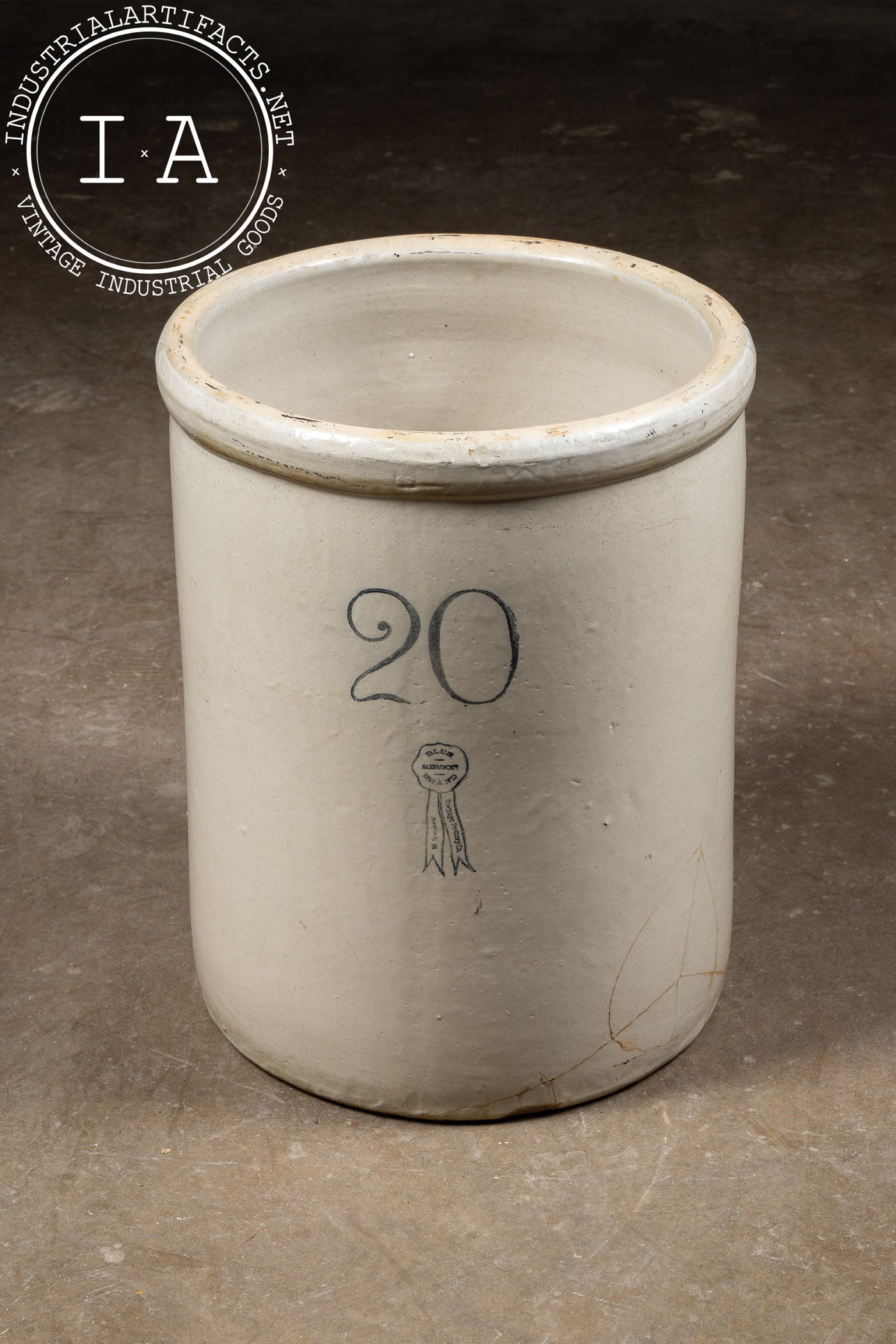 Antique 20-Gallon Blue Ribbon Brand Stoneware Crock