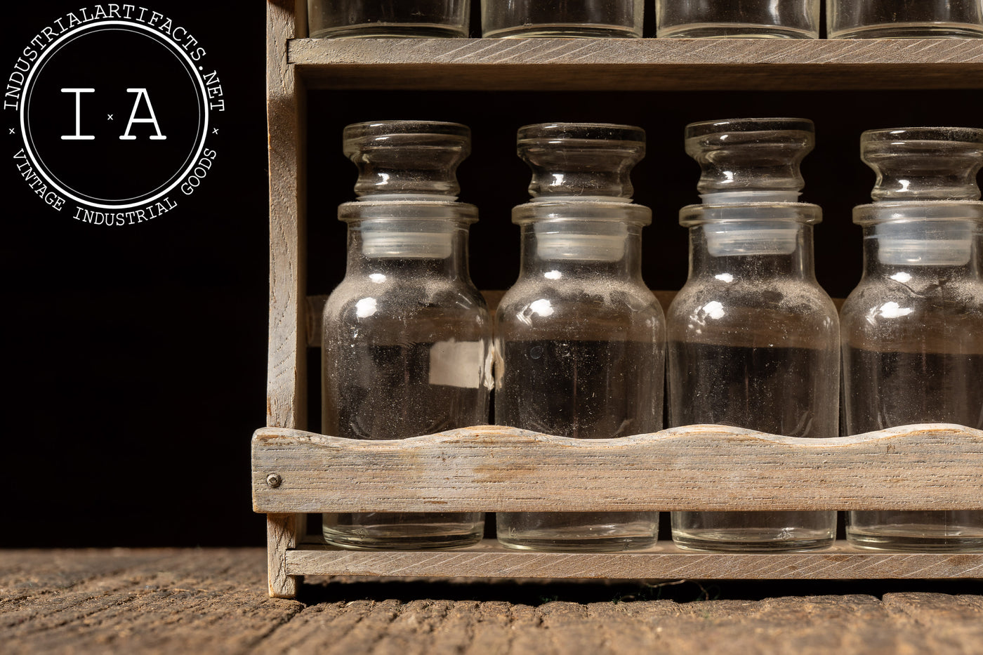 Early Apothecary Bottle Rack with Twelve Glass Stoppered Vials