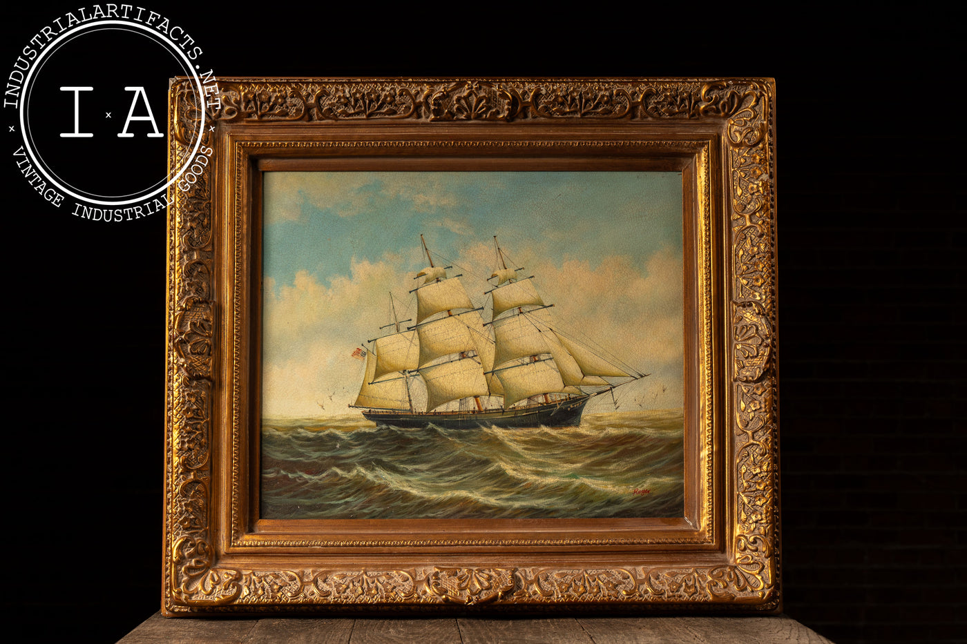Ship At Sea | Large Format Framed Oil Painting, Signed