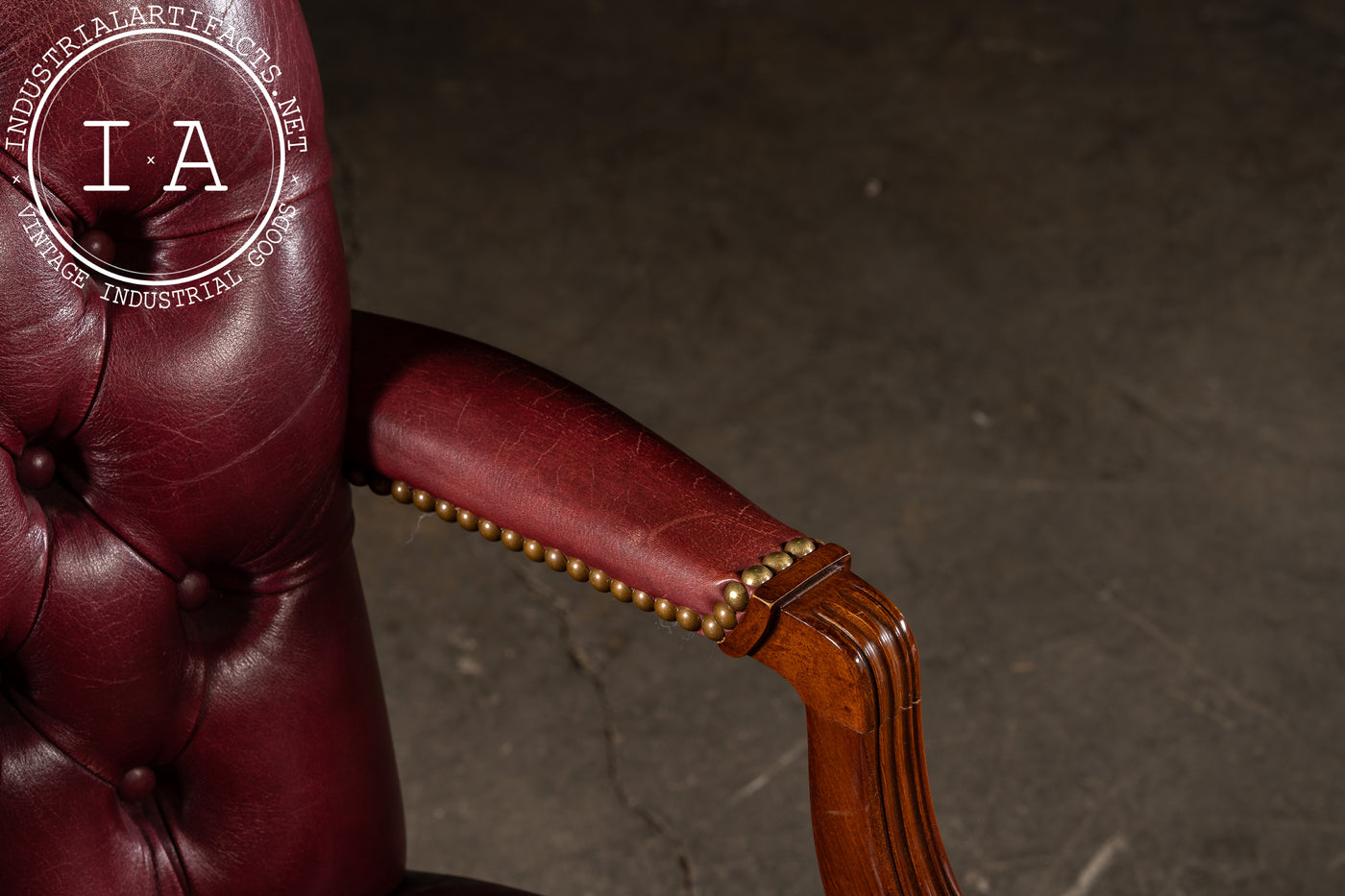 Pair of Tufted Leather Round-Back Dining Chairs in Burgundy