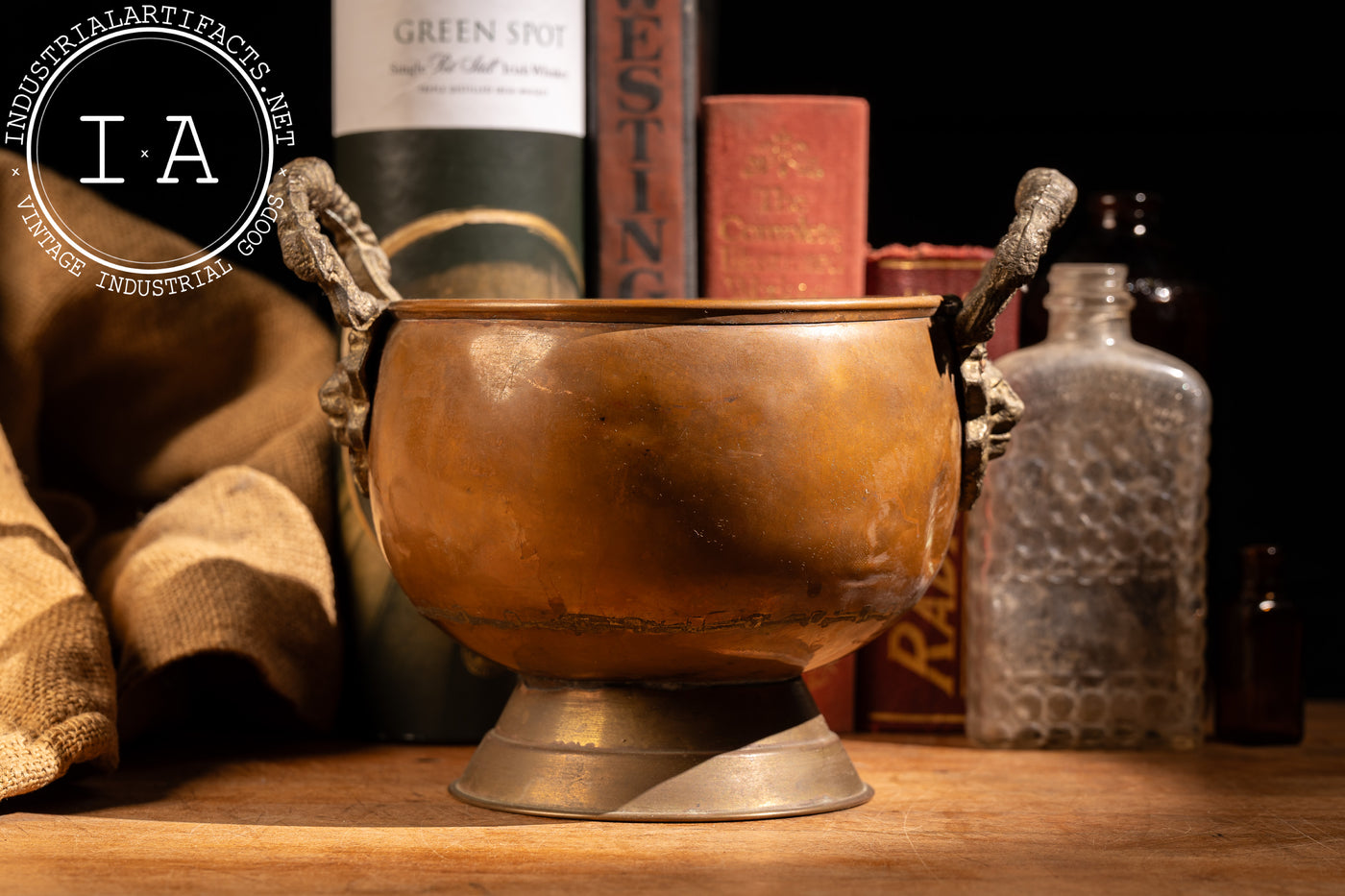 Antique Copper Pot With Cast Brass Lion Handles