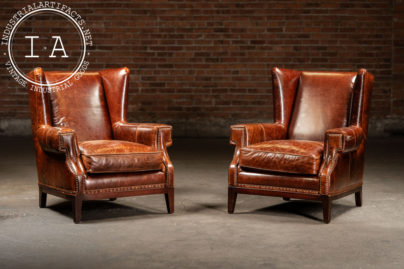 Pair of Wingback Leather Armchairs in Burnt Orange