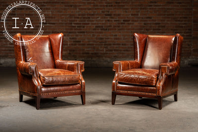 Pair of Wingback Leather Armchairs in Burnt Orange
