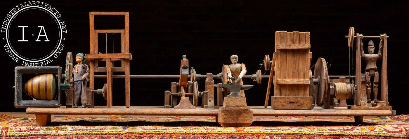 Antique Hand-Crank Mechanical Wooden Folk Art Blacksmith Model