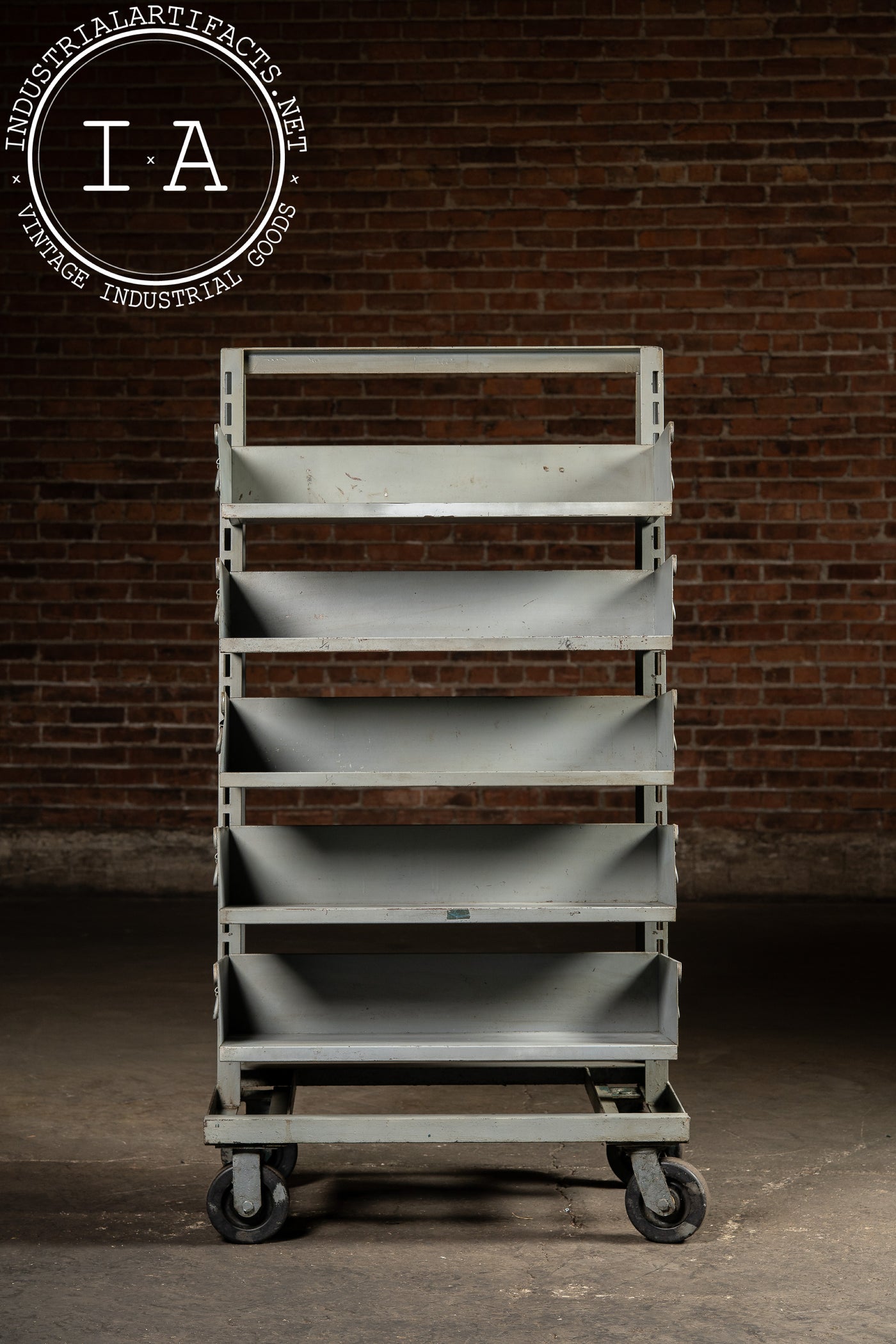 Vintage Gray Industrial Tilt-Bin Cart with Five Adjustable Drawers on Casters