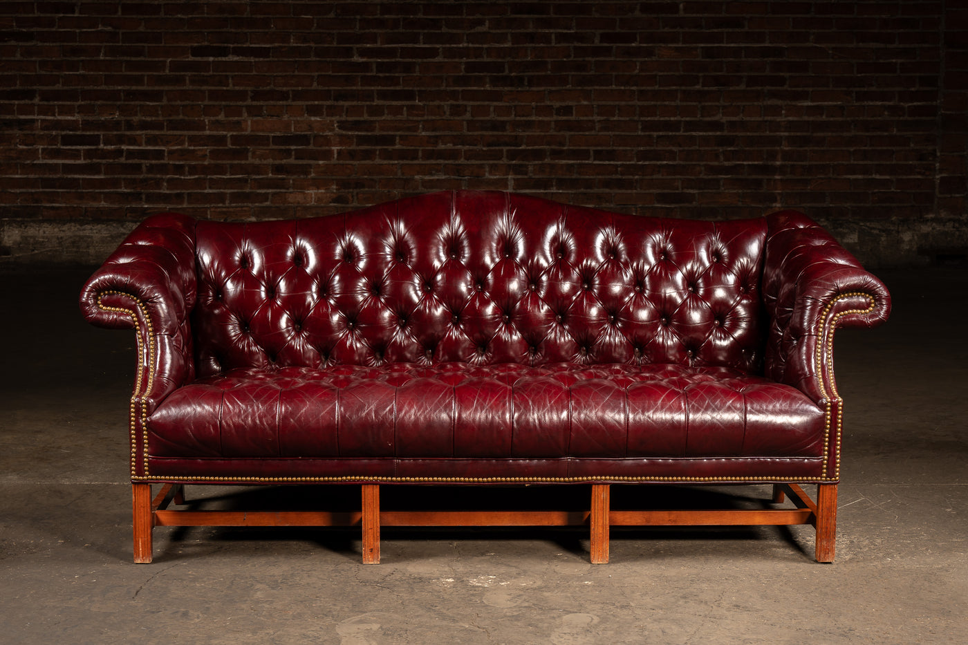 Vintage Chippendale-Style Camelback Chesterfield Leather Sofa in Oxblood