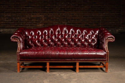 Vintage Chippendale-Style Camelback Chesterfield Leather Sofa in Oxblood