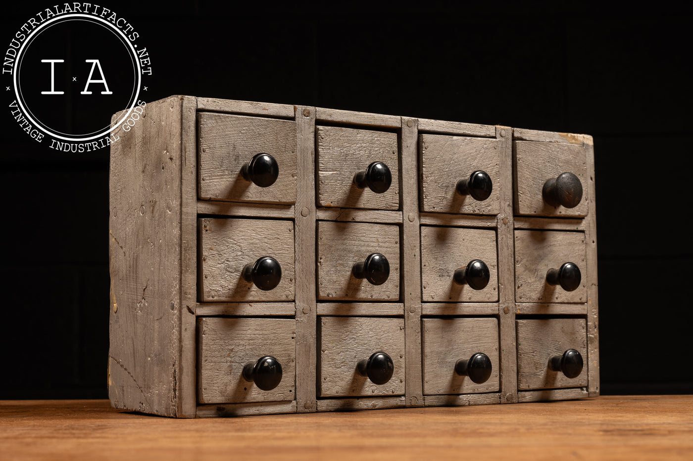 Vintage Handmade Wooden Parts Cabinet In Grey