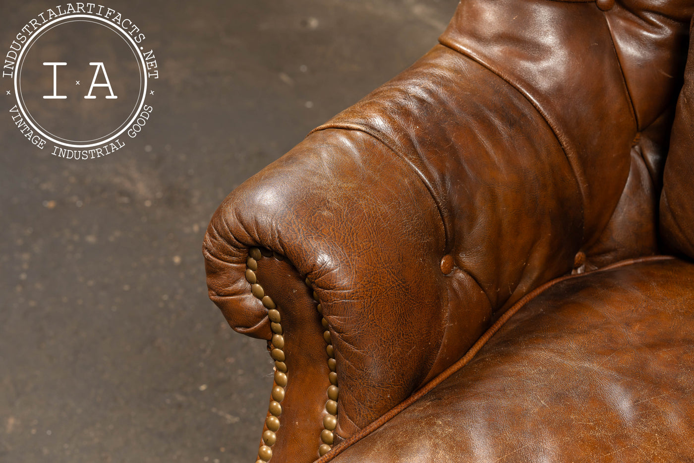 Vintage Tufted Leather Highback Armchair with Lumbar Pillow In Brown