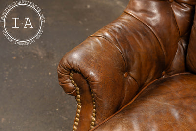 Vintage Tufted Leather Highback Armchair with Lumbar Pillow In Brown