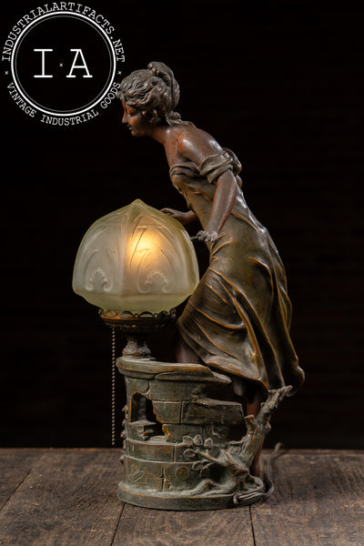 Art Nouveau Figural Lamp with Uranium Glass Shade by Anglade