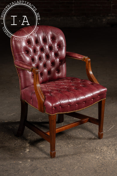 Pair of Tufted Leather Round-Back Dining Chairs in Burgundy
