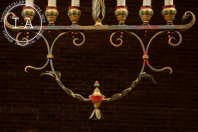 Mediterranean Revival Wrought Iron and Tole Chandelier 1