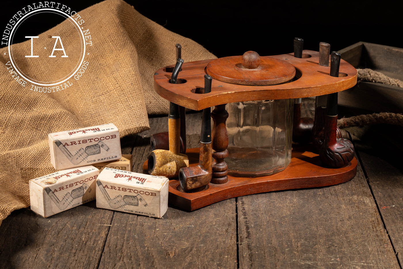 pipe holder with tobacco jar 12-Pipe Wooden Round Rack pipe stand with tobacco jar