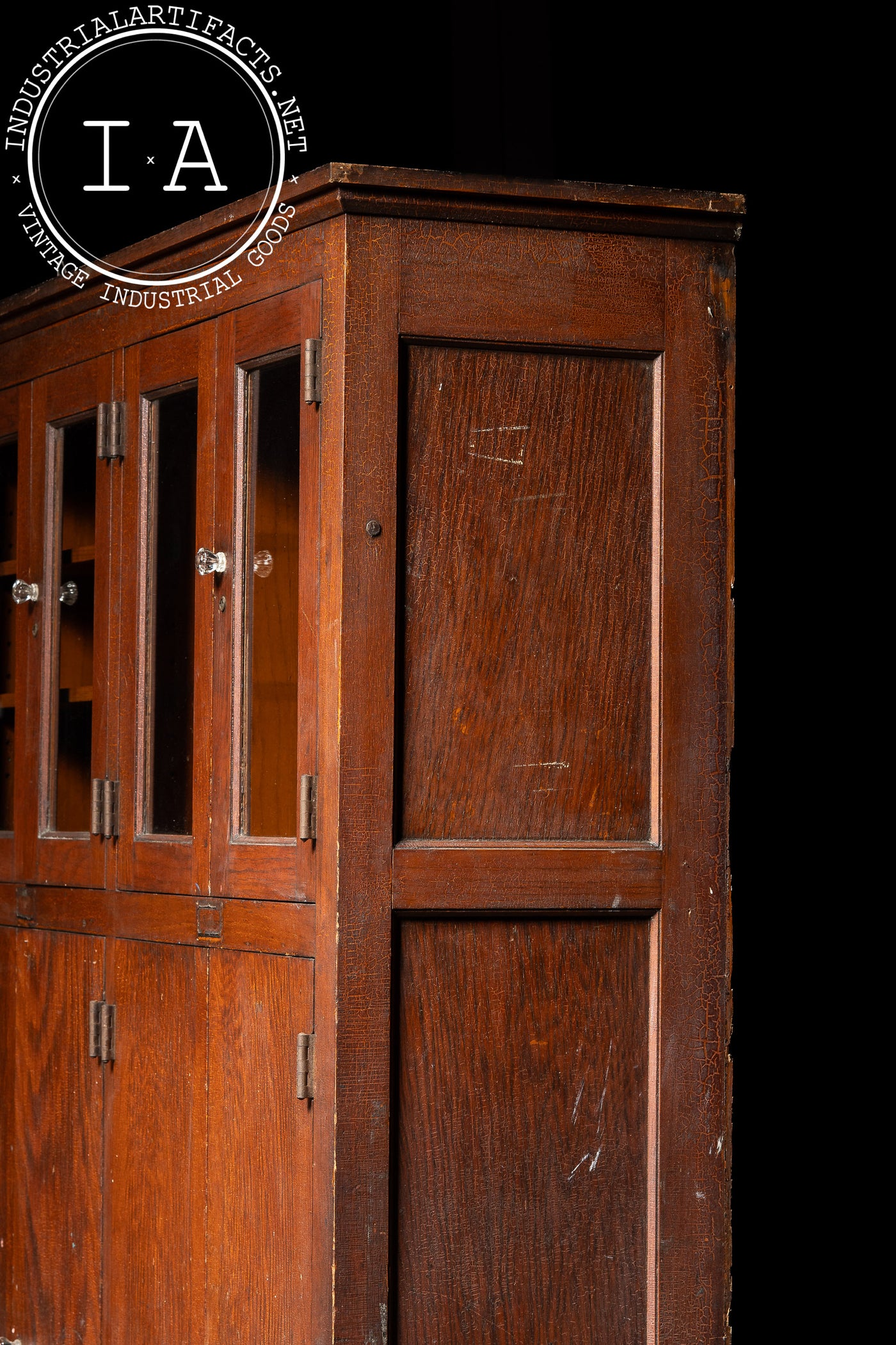 Antique Massive Oak Cabinet with Glass Doors and Interior Cubbies