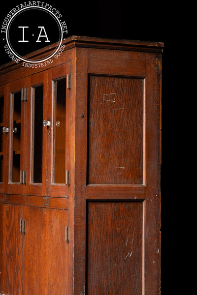 Antique Massive Oak Cabinet with Glass Doors and Interior Cubbies