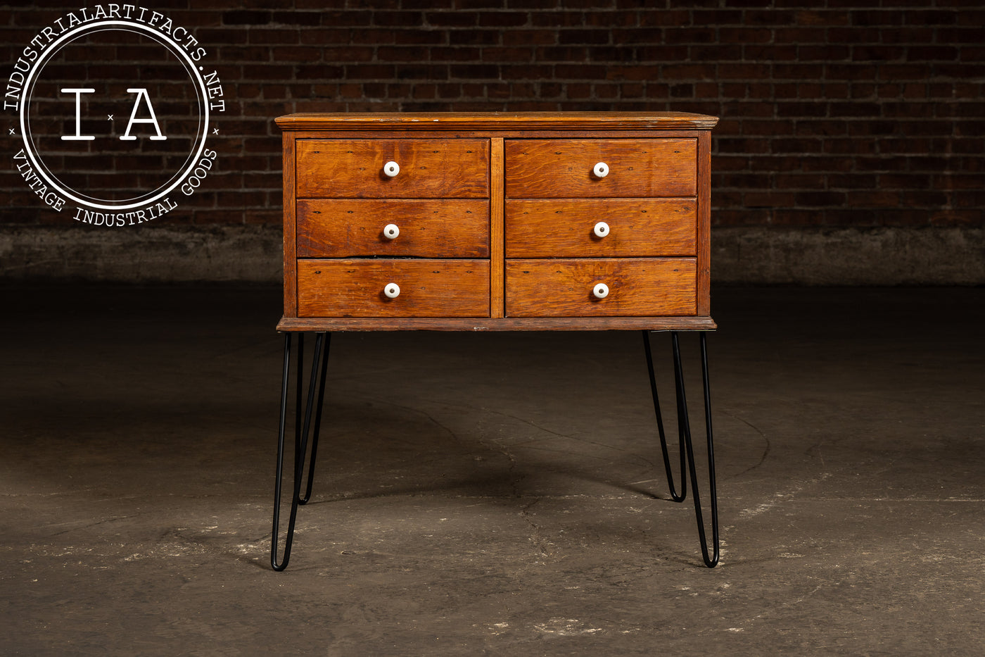 Vintage Quarter-Sawn Oak Six Drawer Cabinet on Hairpin Legs