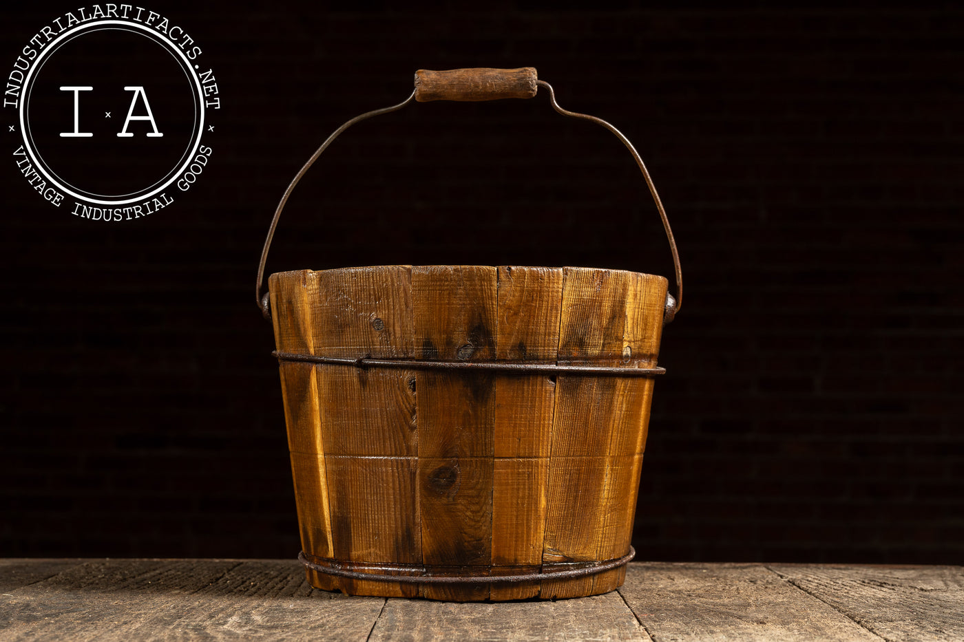 Antique Wooden Water Bucket with Wire Hoops