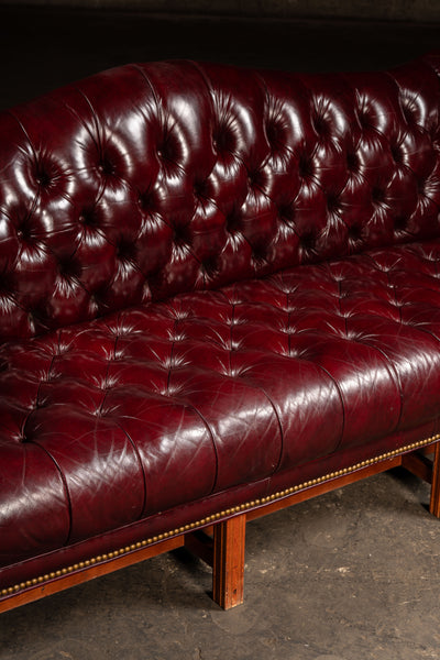 Vintage Chippendale-Style Camelback Chesterfield Leather Sofa in Oxblood