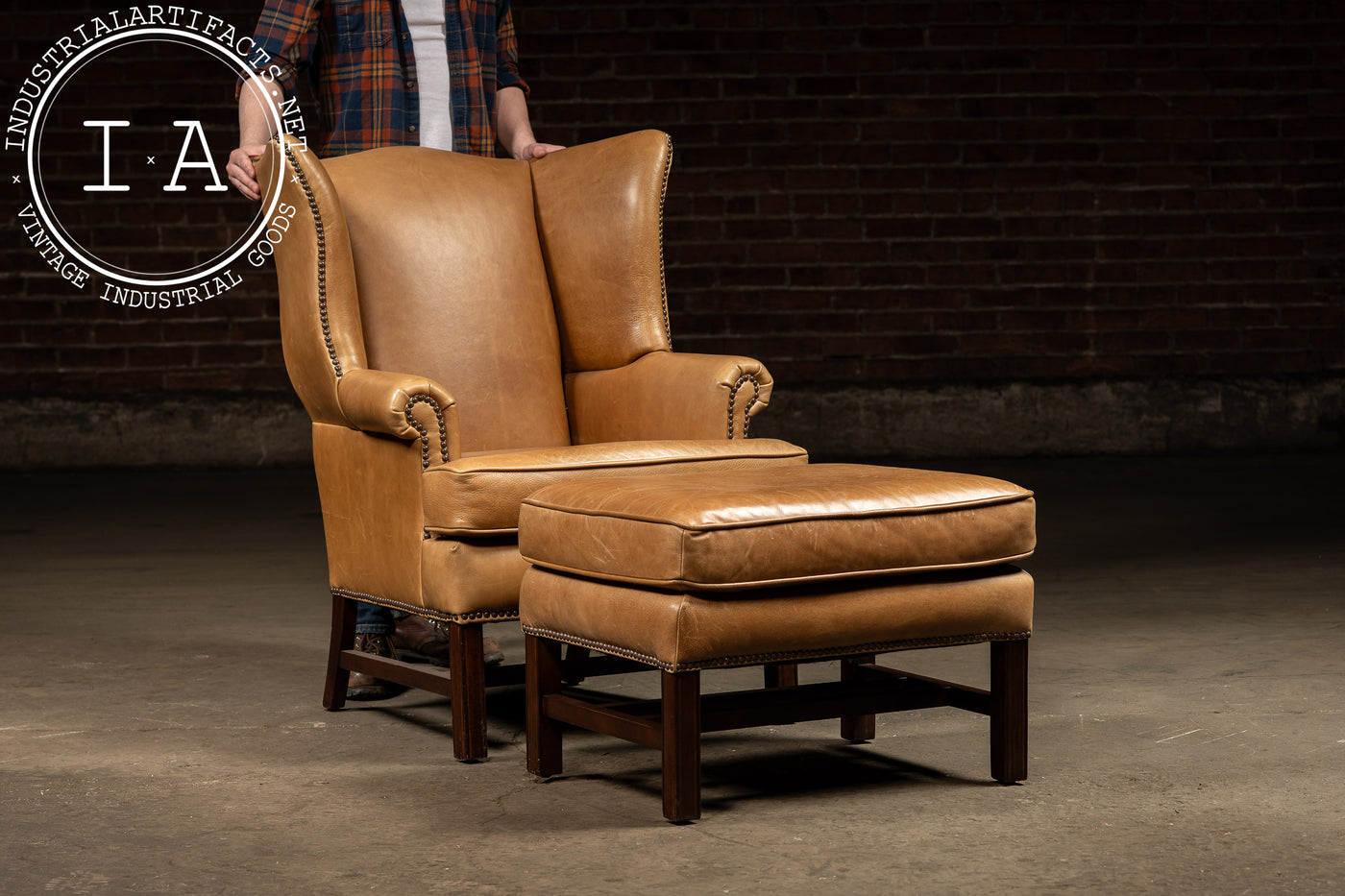 Vintage Leather Wingback Armchair With Ottoman in Tan
